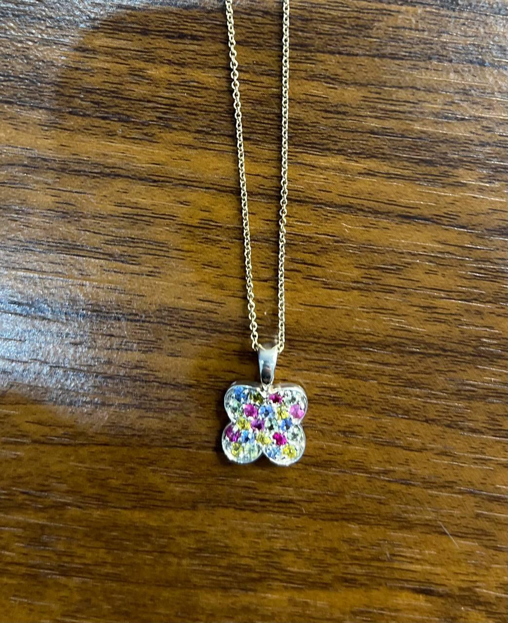 Rainbow Colorful Gemstones Pave 14K White Gold Pendant Necklace
