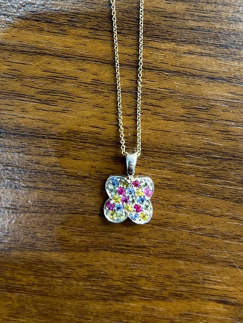 Rainbow Colorful Gemstones Pave 14K White Gold Pendant Necklace