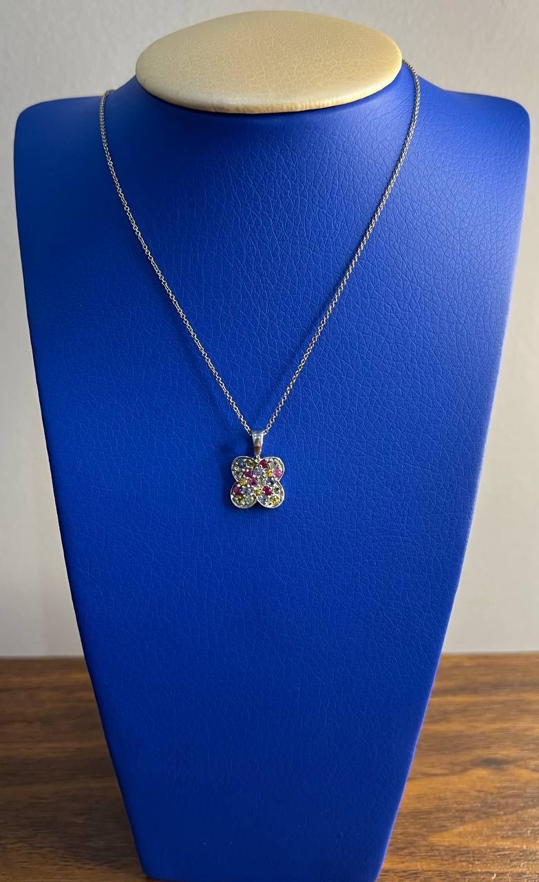 Rainbow Colorful Gemstones Pave 14K White Gold Pendant Necklace