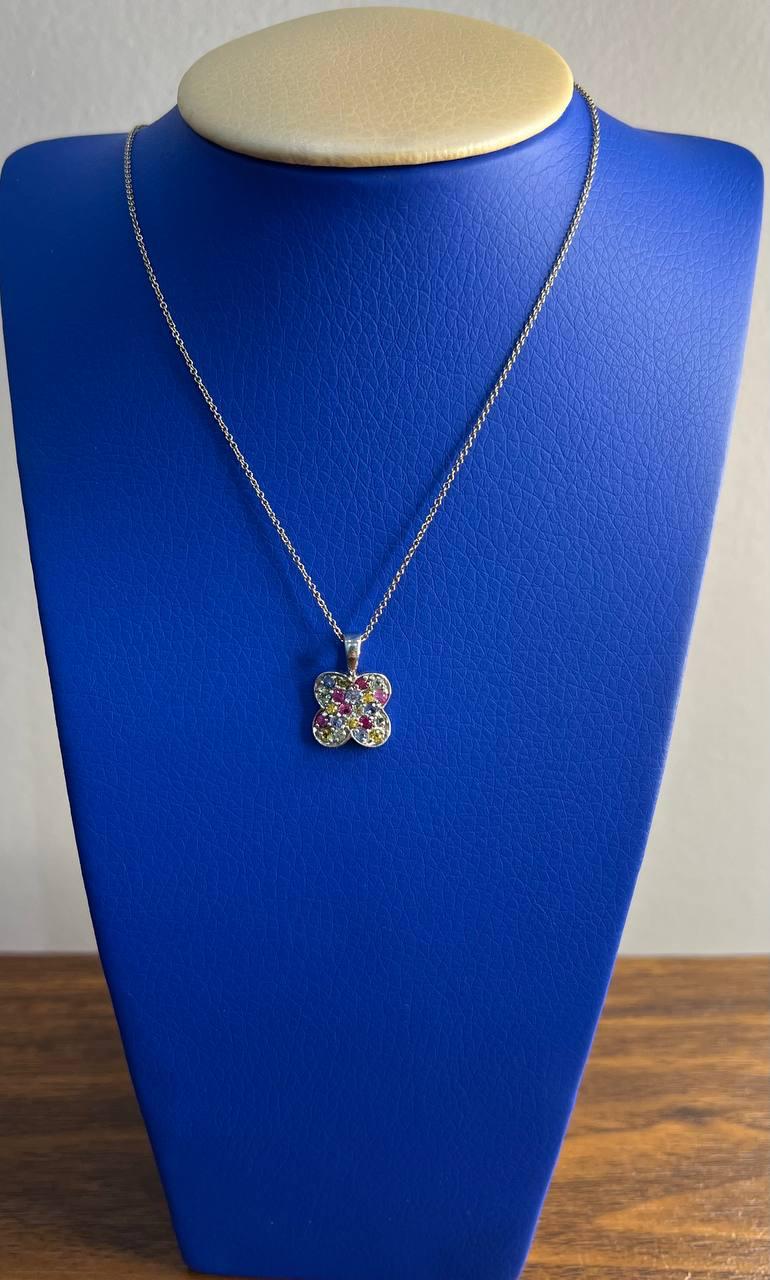 Rainbow Colorful Gemstones Pave 14K White Gold Pendant Necklace