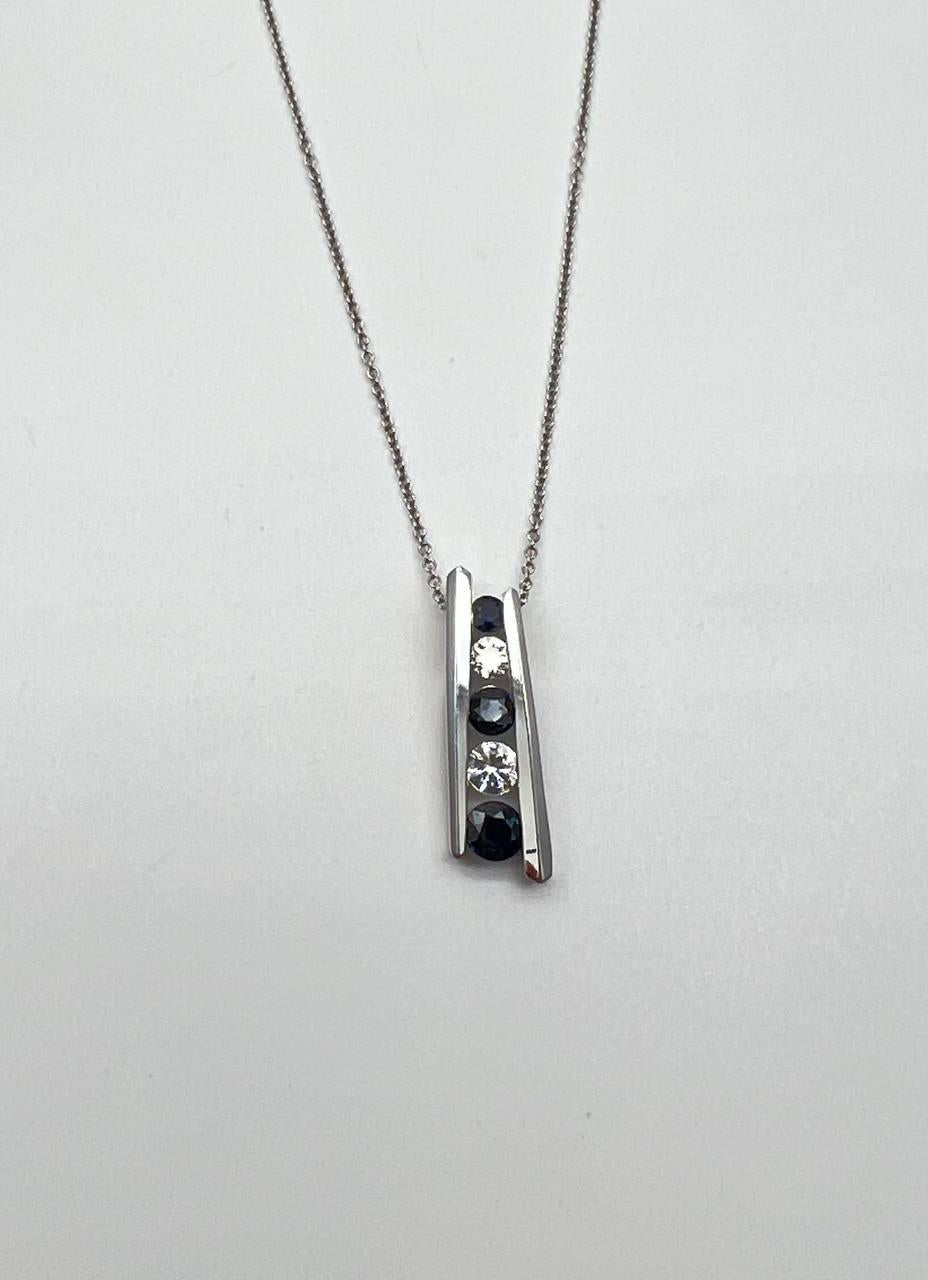 Round Blue Sapphire & Diamonds Tension Set 14K White Gold Pendant Necklace