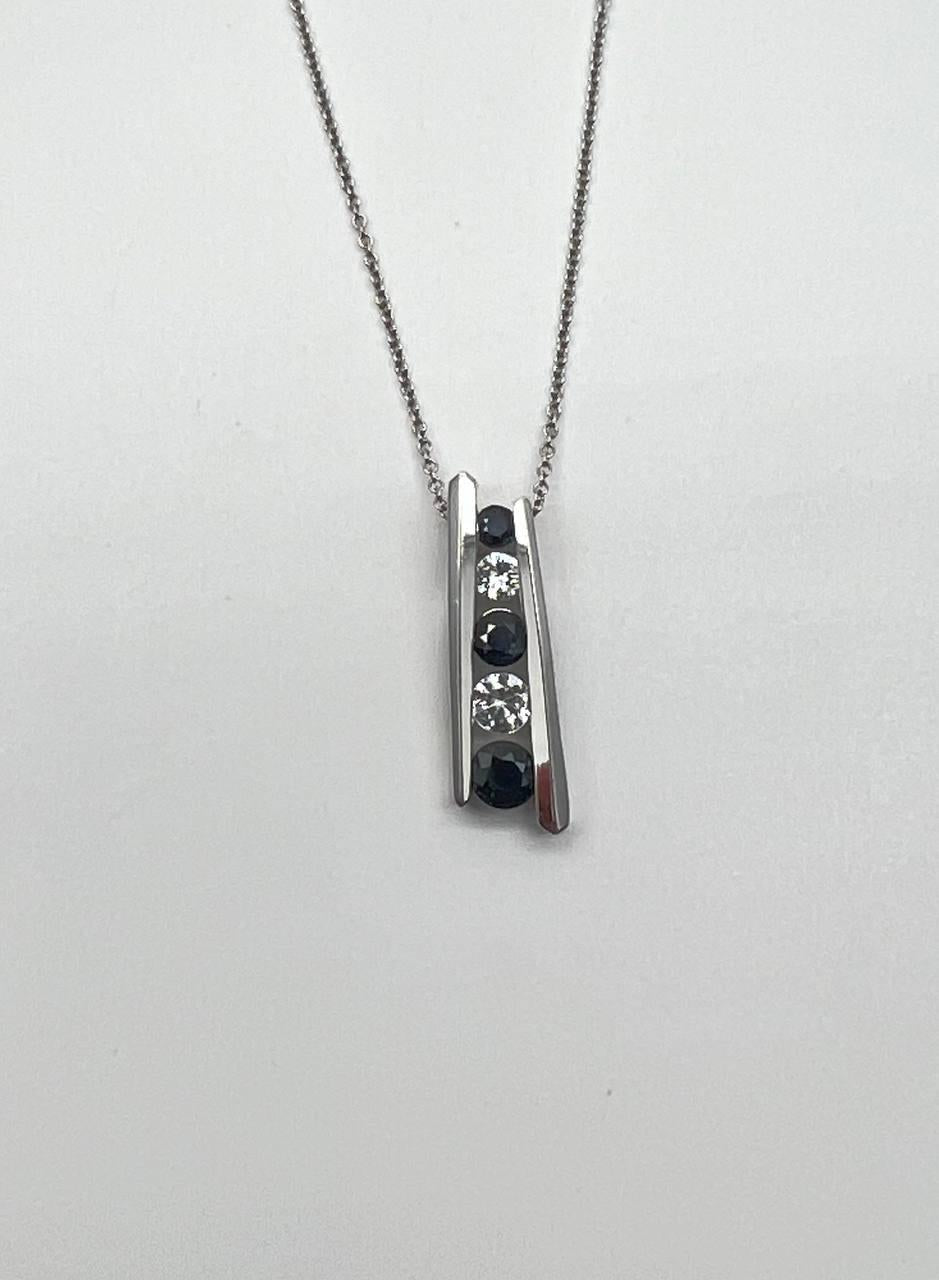 Round Blue Sapphire & Diamonds Tension Set 14K White Gold Pendant Necklace