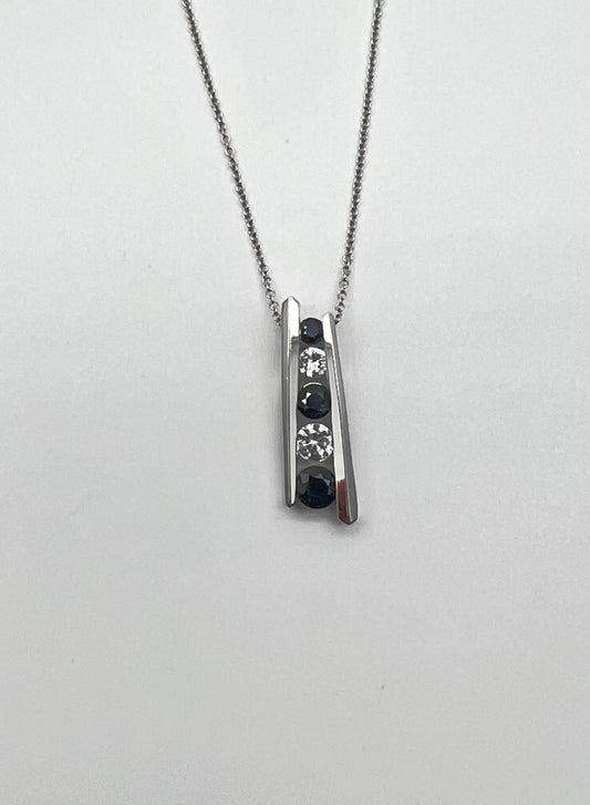 Round Blue Sapphire & Diamonds Tension Set 14K White Gold Pendant Necklace