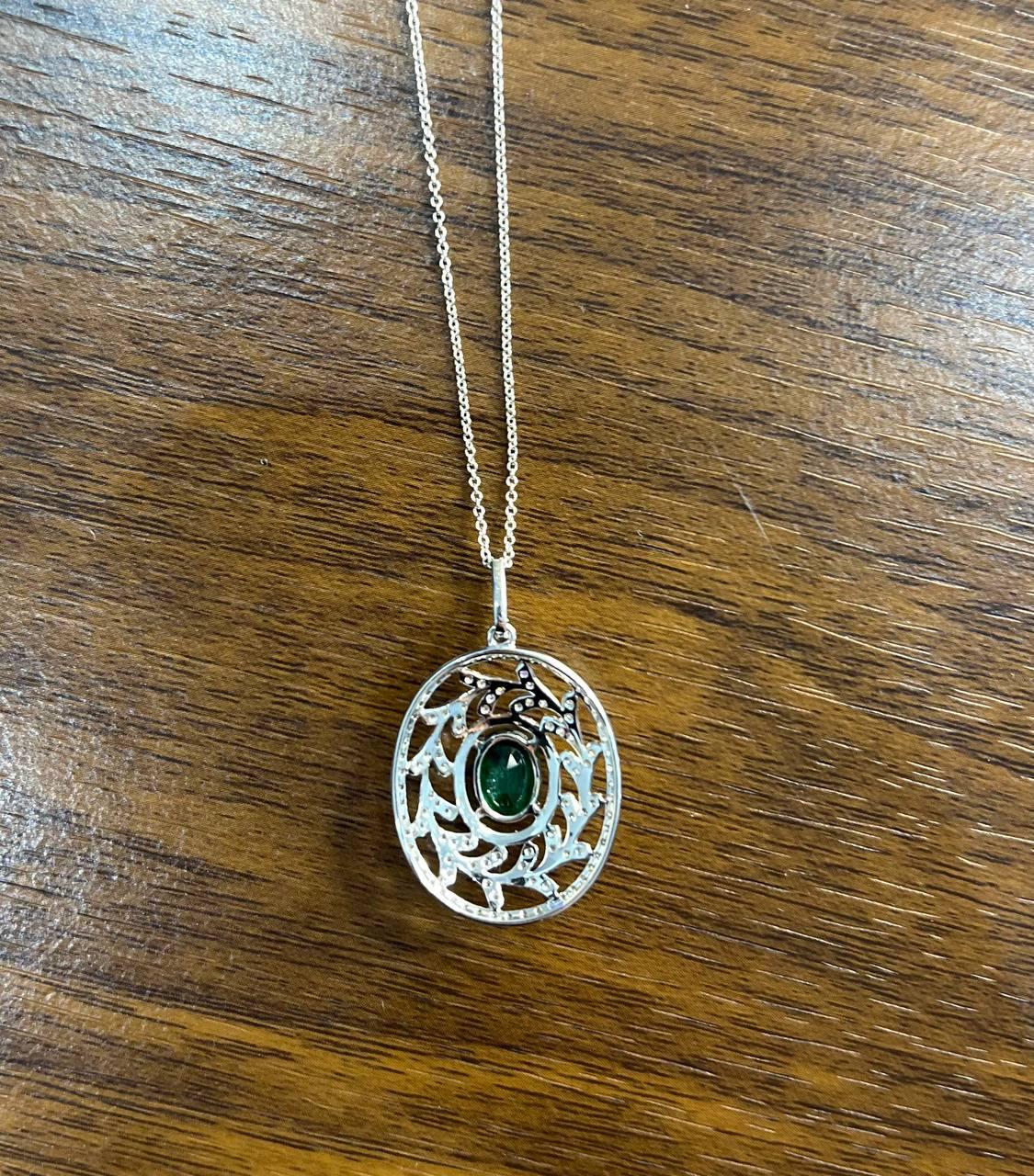 Green Emerald Leaf Leaves Wreath Diamond Halo 14K White Gold Pendant Necklace