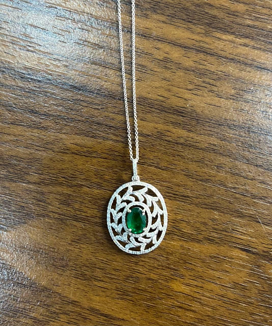 Green Emerald Leaf Leaves Wreath Diamond Halo 14K White Gold Pendant Necklace