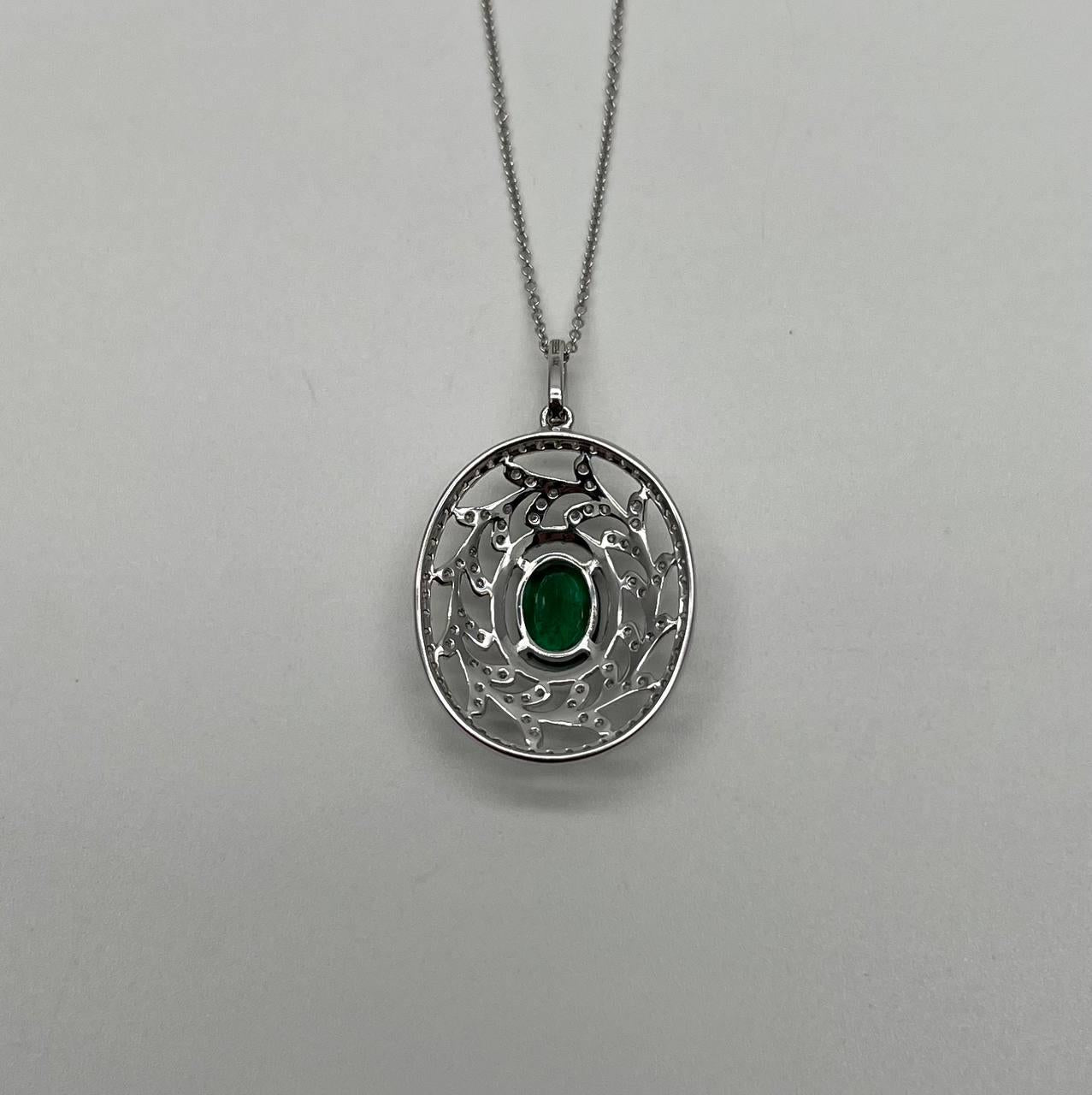 Green Emerald Leaf Leaves Wreath Diamond Halo 14K White Gold Pendant Necklace