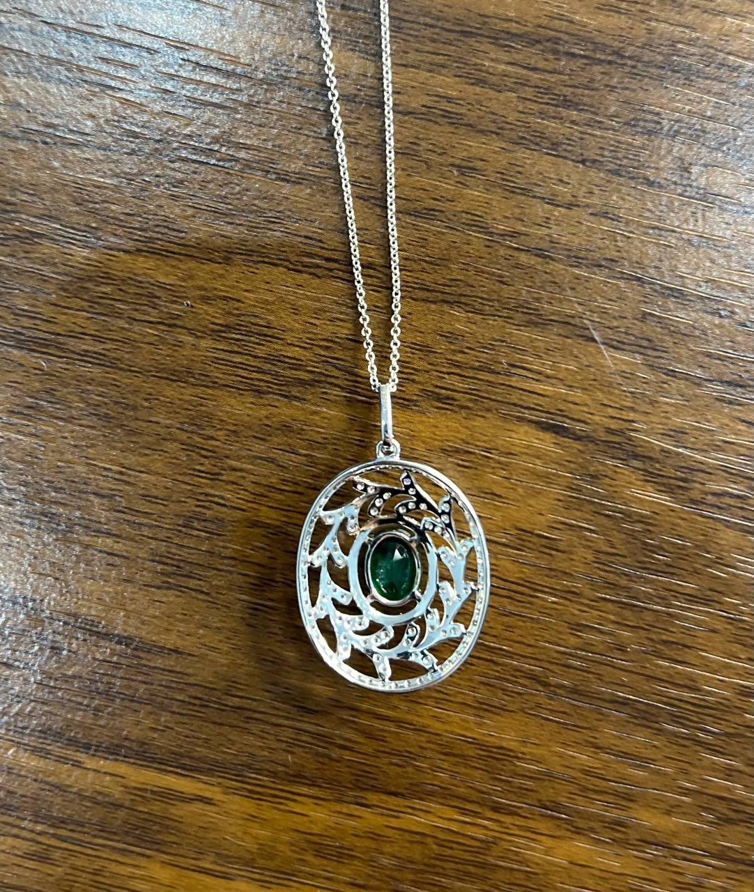 Green Emerald Leaf Leaves Wreath Diamond Halo 14K White Gold Pendant Necklace