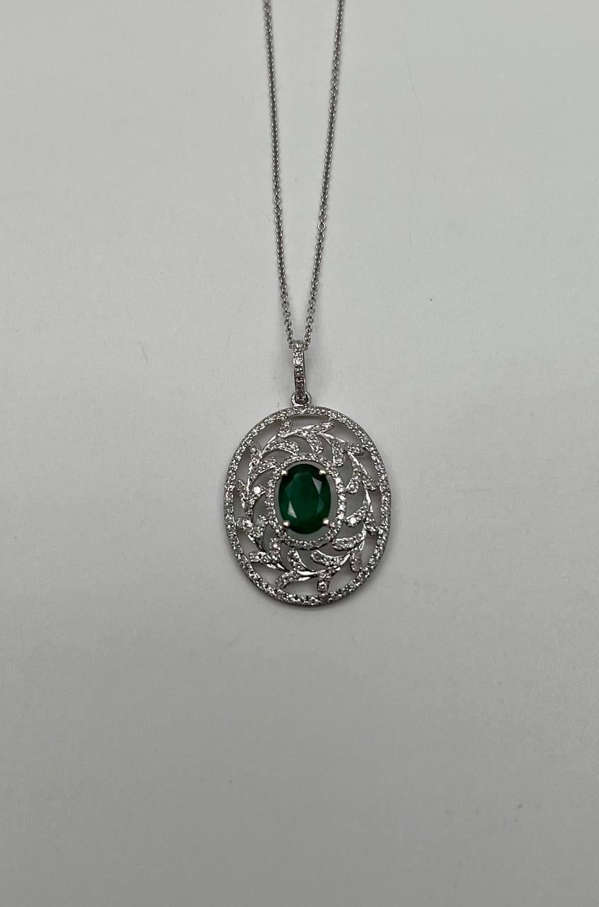 Green Emerald Leaf Leaves Wreath Diamond Halo 14K White Gold Pendant Necklace