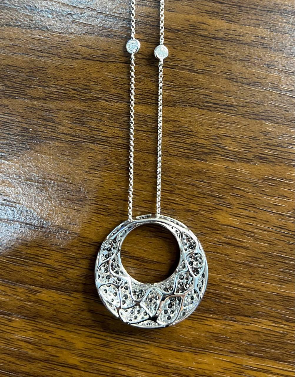 Black &amp; White Zebra Diamonds Pave Set Moon Night Sky White Gold Pendant Neckace