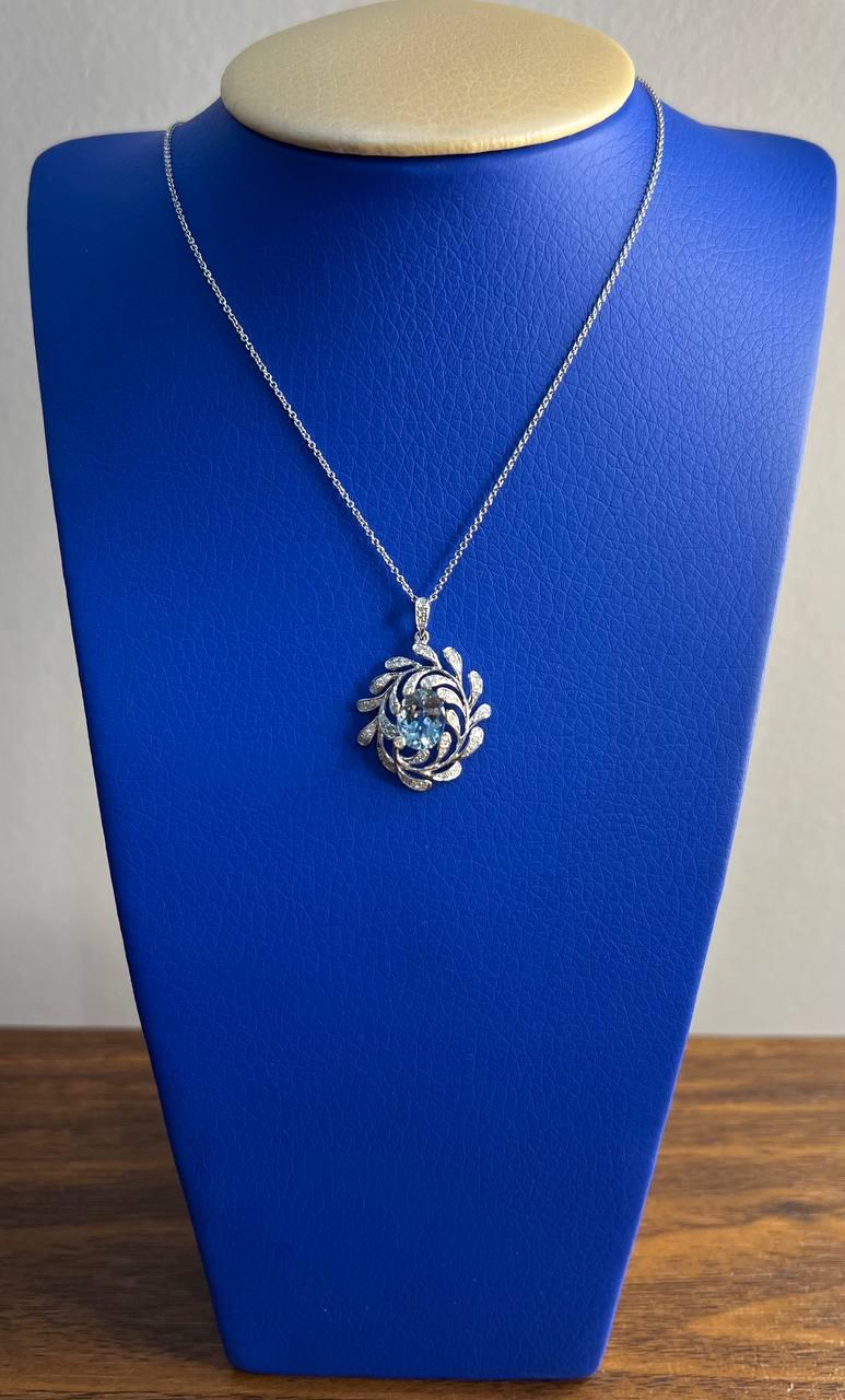 Oval Shape Blue Aquamarine Leaf Leaves 14K White Gold Diamond Pendant Necklace
