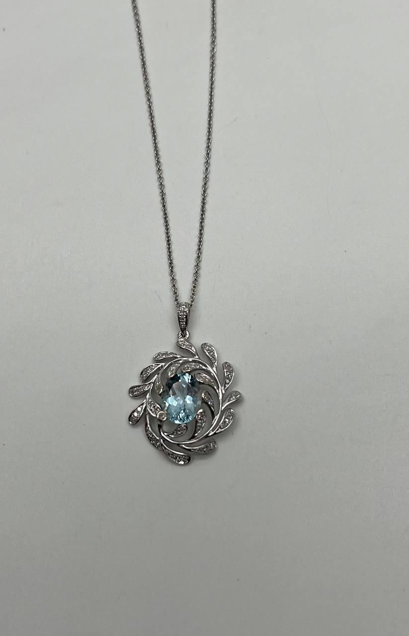 Oval Shape Blue Aquamarine Leaf Leaves 14K White Gold Diamond Pendant Necklace