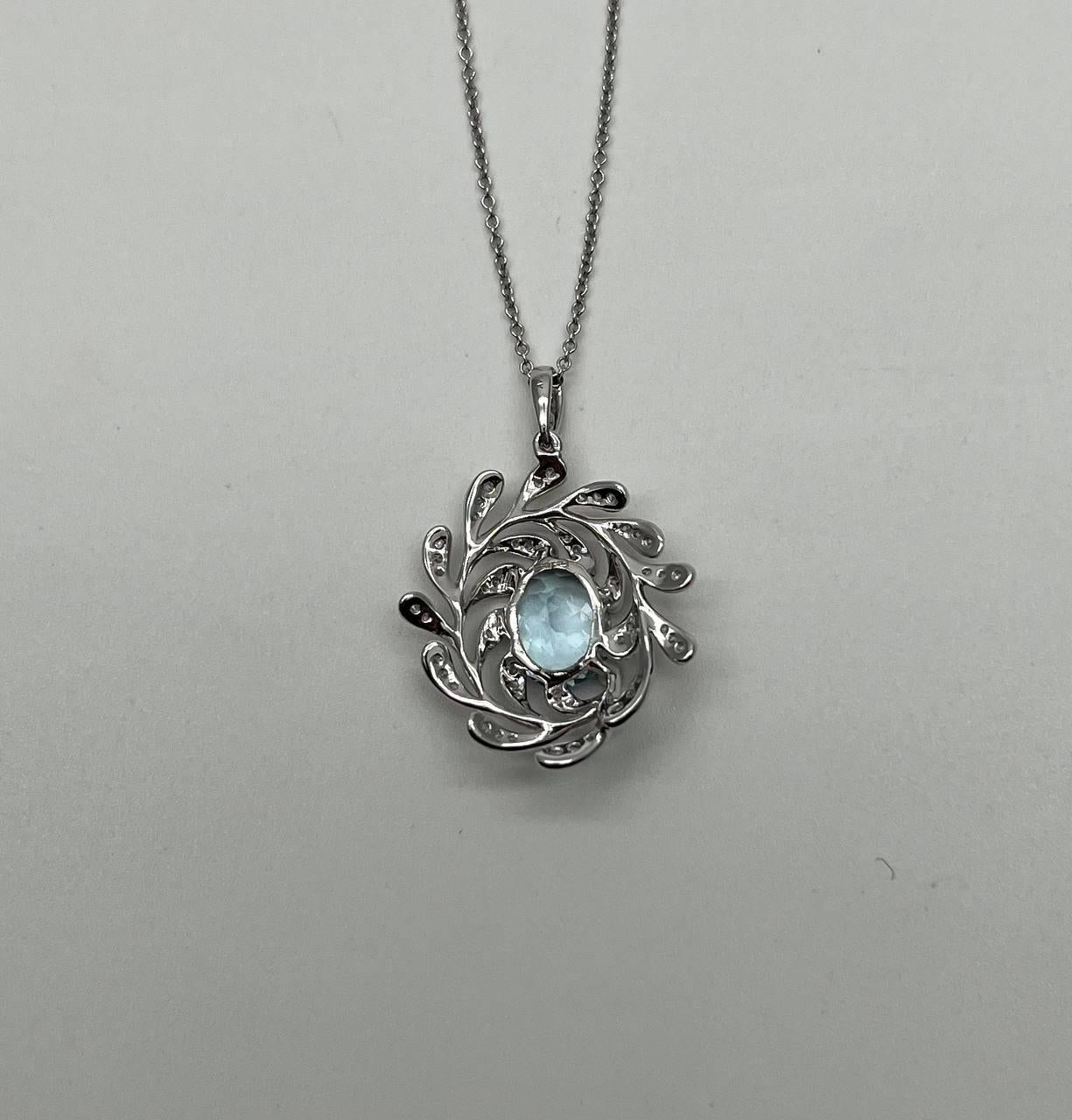 Oval Shape Blue Aquamarine Leaf Leaves 14K White Gold Diamond Pendant Necklace