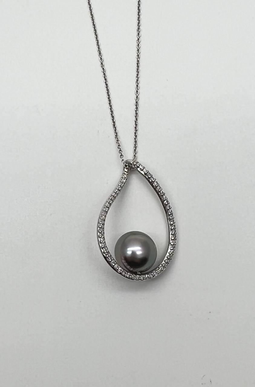 Silver Grey Black Tahitian Pearl Diamond 14K White Gold Form Pendant Necklace