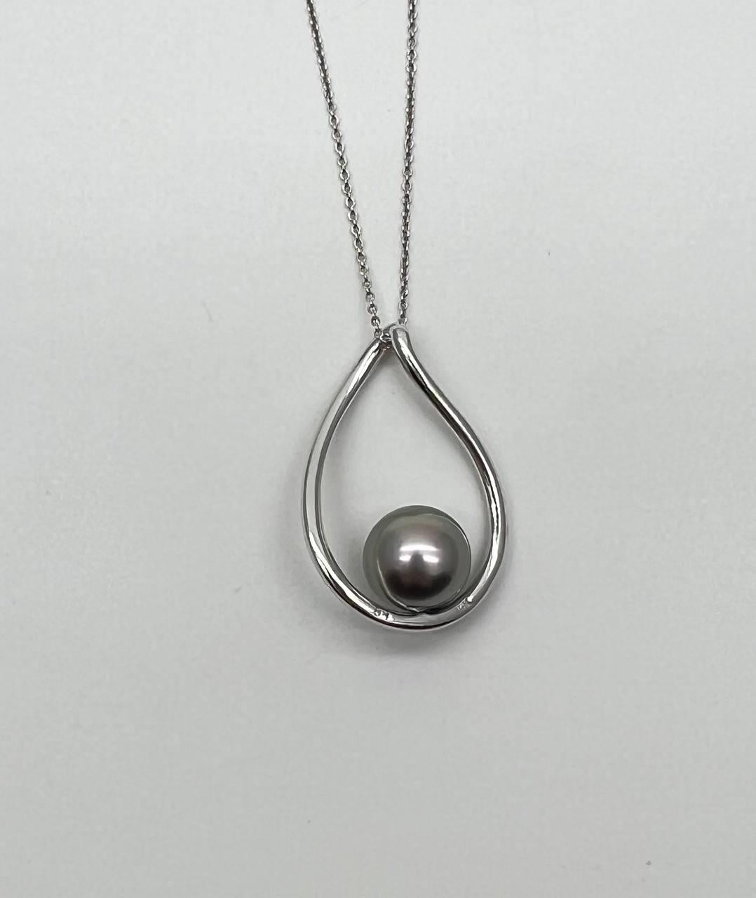 Silver Grey Black Tahitian Pearl Diamond 14K White Gold Form Pendant Necklace