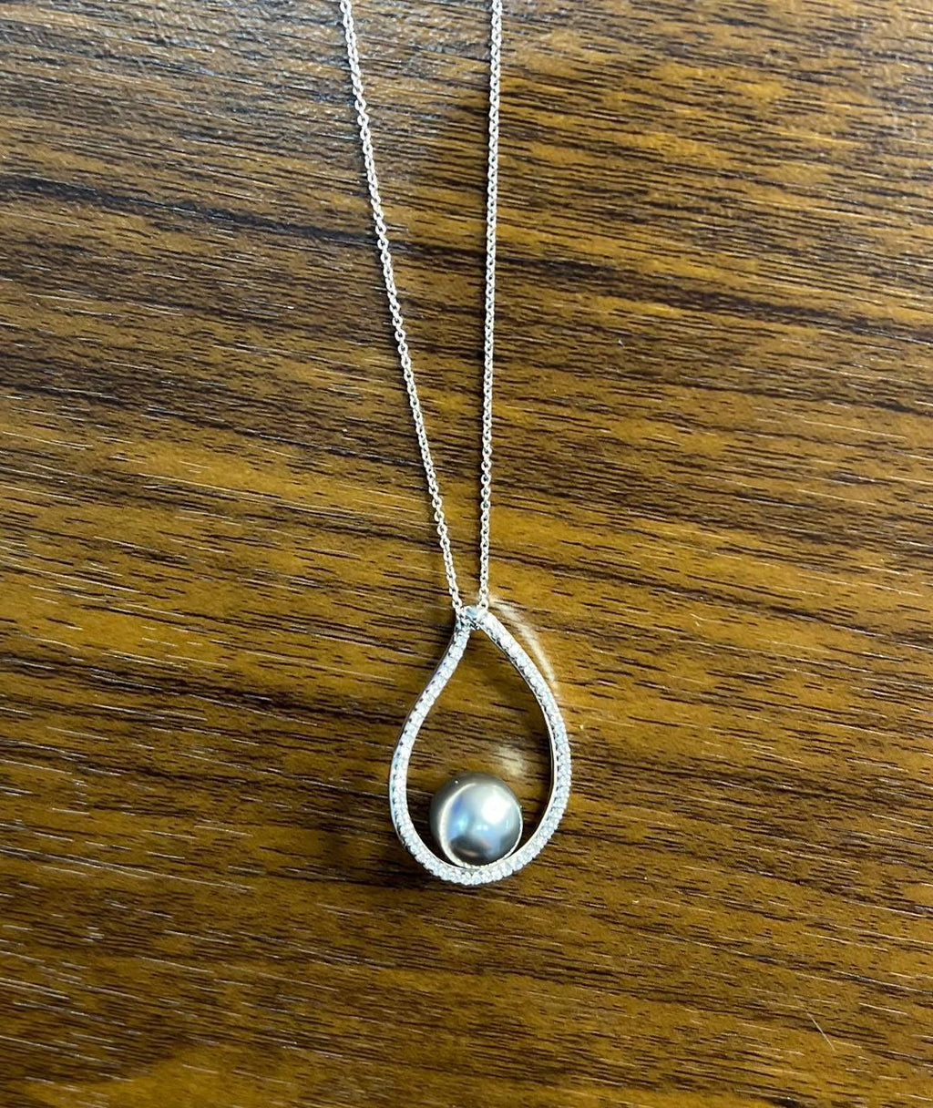Silver Grey Black Tahitian Pearl Diamond 14K White Gold Form Pendant Necklace
