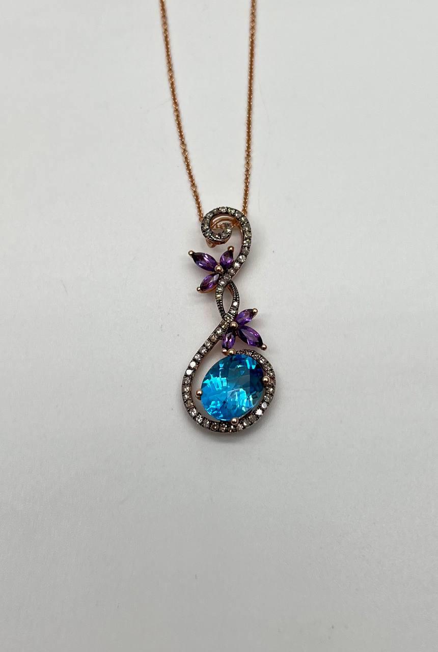 Oval Shape Swiss Blue Topaz Amethysts Floral Flower Rose Gold Diamond Earrings