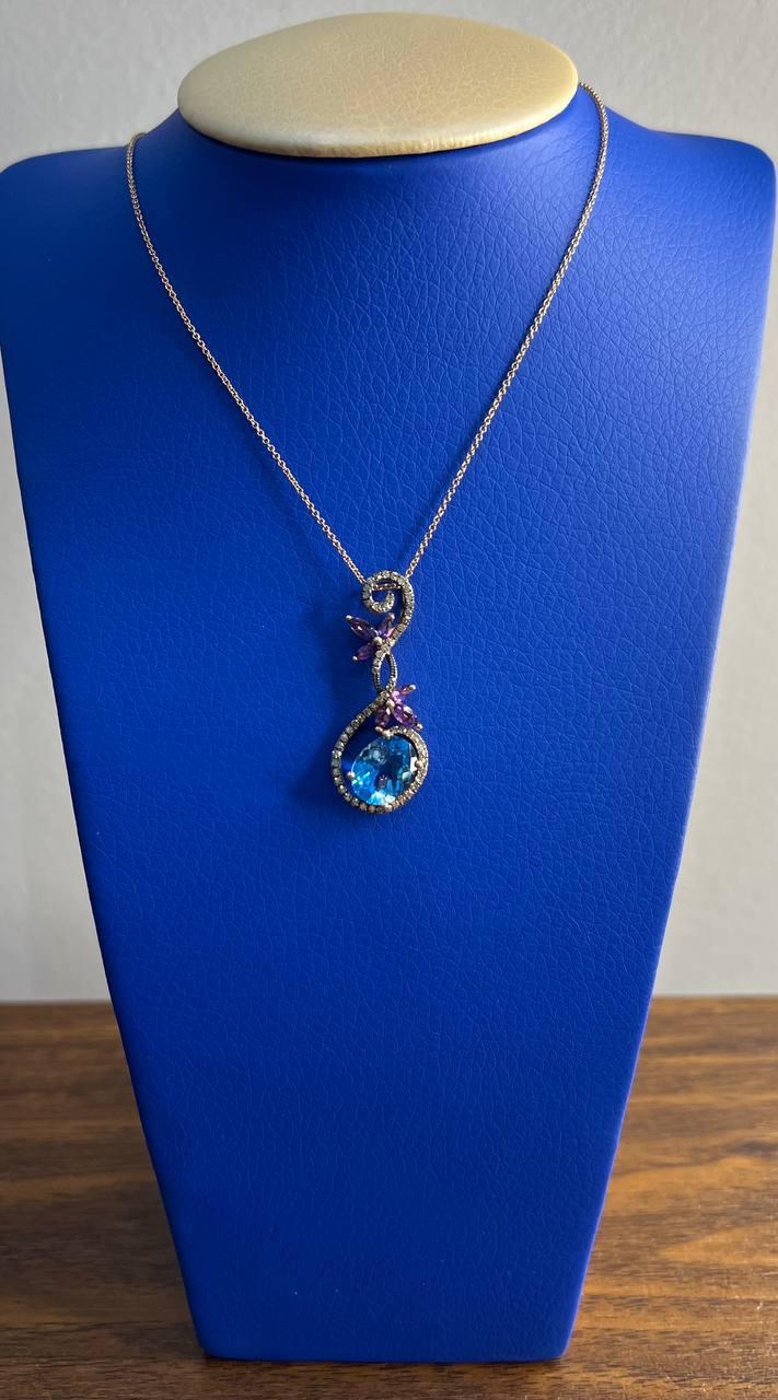 Oval Shape Swiss Blue Topaz Amethysts Floral Flower Rose Gold Diamond Earrings