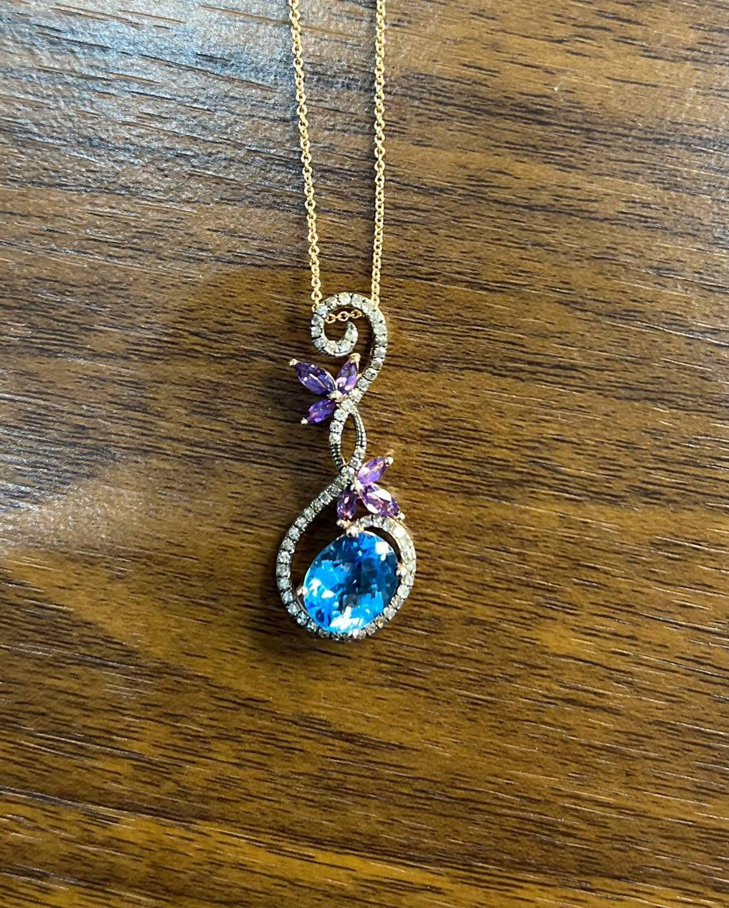 Oval Shape Swiss Blue Topaz Amethysts Floral Flower Rose Gold Diamond Earrings