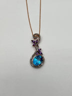 Oval Shape Swiss Blue Topaz Amethysts Floral Flower Rose Gold Diamond Earrings