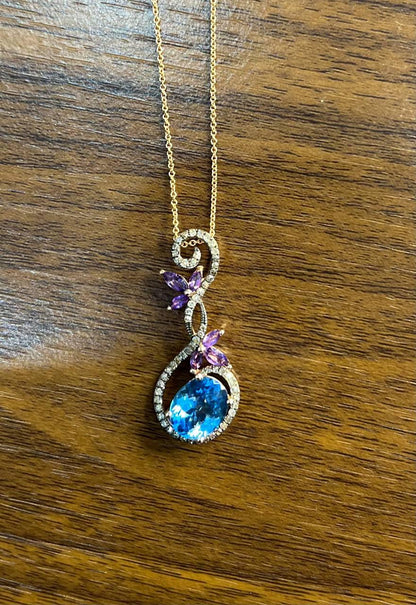 Oval Shape Swiss Blue Topaz Amethysts Floral Flower Rose Gold Diamond Earrings
