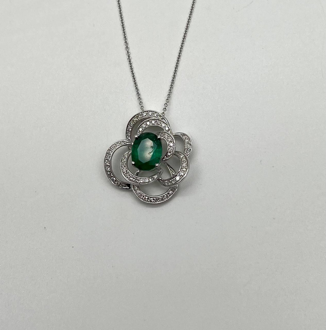 Oval Shape Green Emerald White Diamond Halo 14K White Gold Pendant Necklace