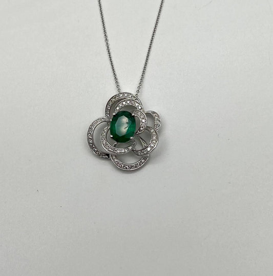 Oval Shape Green Emerald White Diamond Halo 14K White Gold Pendant Necklace