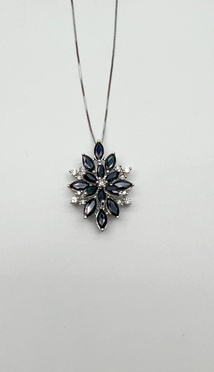 Blue Sapphire Marquise Cut Snowflake Flower Floral White Gold Pendant Necklace