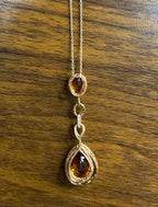 Amber Orange Pear Teardrop Shape Champagne Diamonds Halo Gold Pendant Necklace