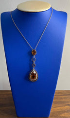 Amber Orange Pear Teardrop Shape Champagne Diamonds Halo Gold Pendant Necklace