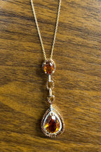 Amber Orange Pear Teardrop Shape Champagne Diamonds Halo Gold Pendant Necklace