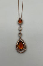 Amber Orange Pear Teardrop Shape Champagne Diamonds Halo Gold Pendant Necklace