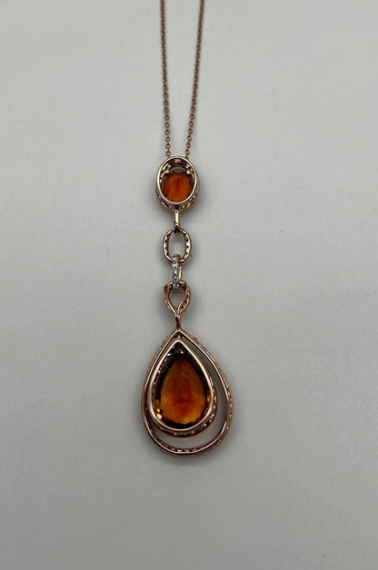 Amber Orange Pear Teardrop Shape Champagne Diamonds Halo Gold Pendant Necklace