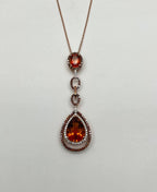 Amber Orange Pear Teardrop Shape Champagne Diamonds Halo Gold Pendant Necklace