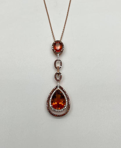 Amber Orange Pear Teardrop Shape Champagne Diamonds Halo Gold Pendant Necklace