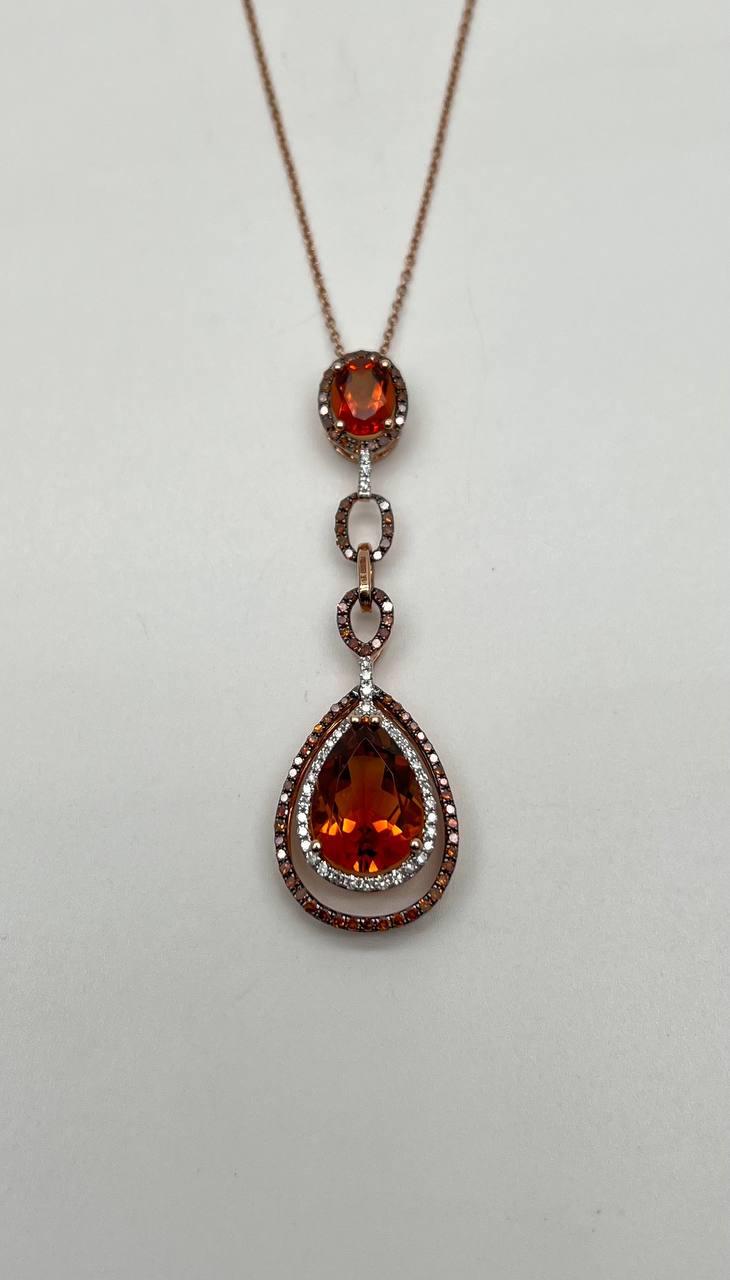 Amber Orange Pear Teardrop Shape Champagne Diamonds Halo Gold Pendant Necklace
