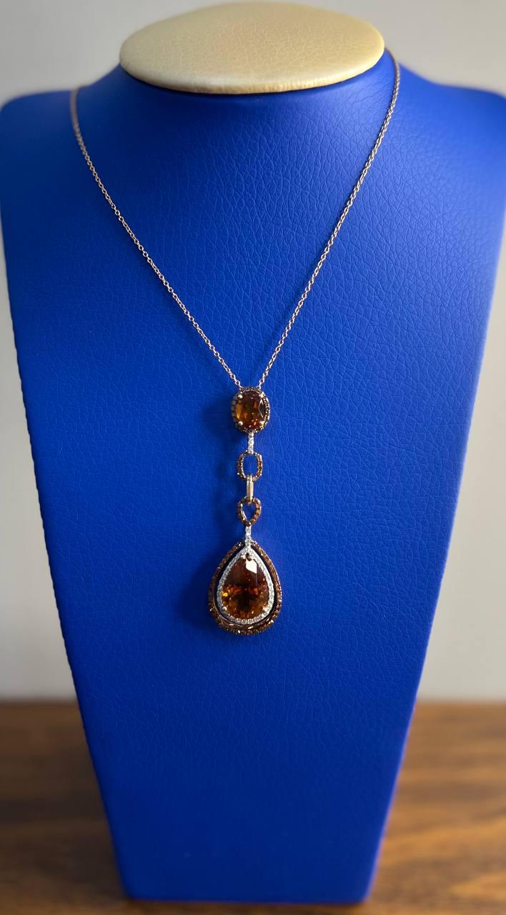 Amber Orange Pear Teardrop Shape Champagne Diamonds Halo Gold Pendant Necklace