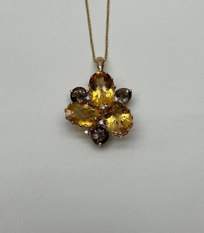 Orange Amber Citrines & Brown Smoky Quartz Yellow Gold Cluster Pendant Necklace