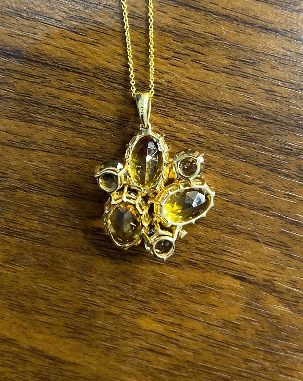 Orange Amber Citrines & Brown Smoky Quartz Yellow Gold Cluster Pendant Necklace