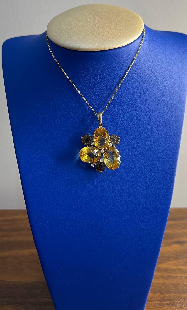 orange amber citrines & brown smoky quartz yellow gold cluster pendant necklace
