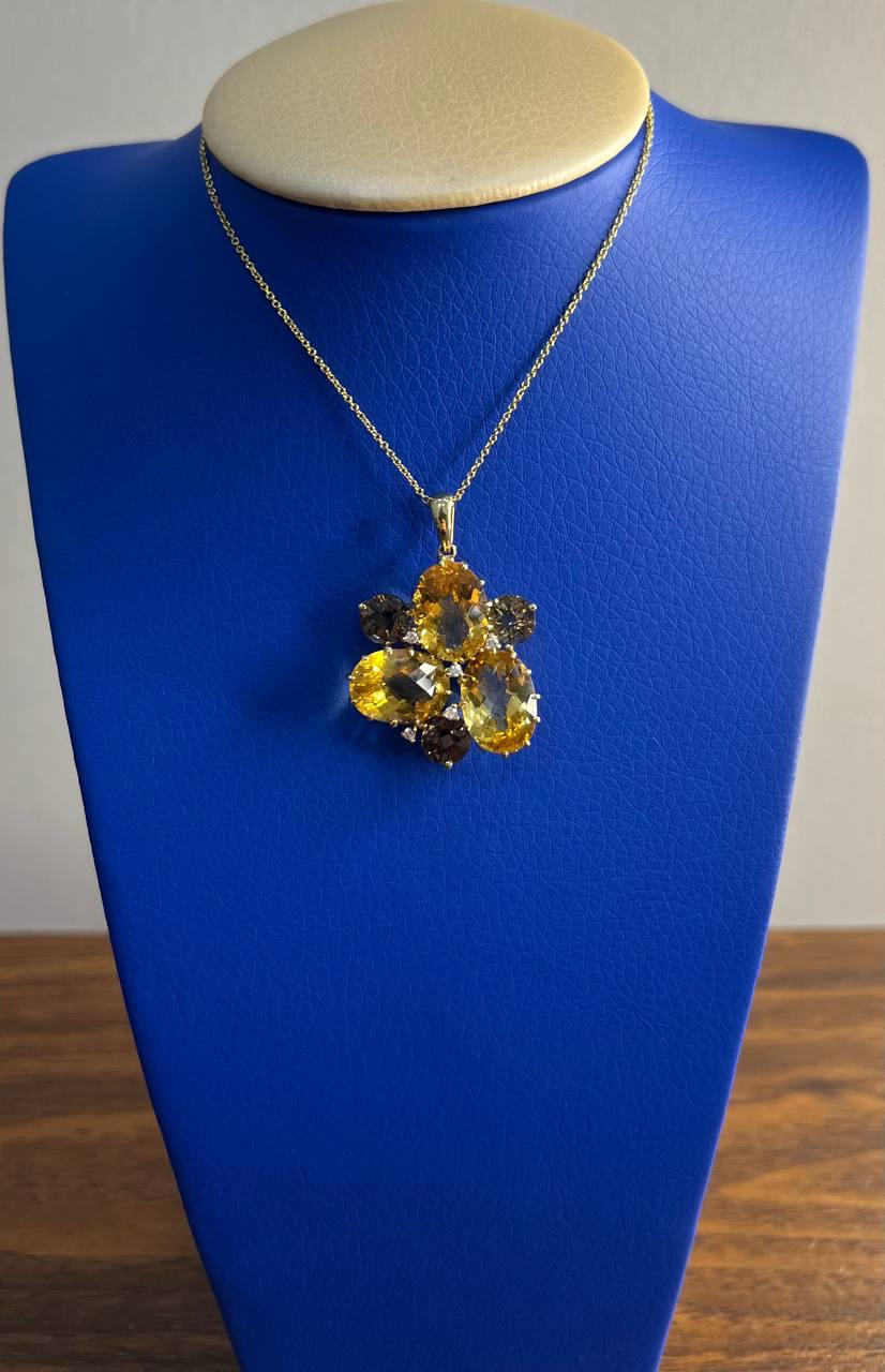 Orange Amber Citrines & Brown Smoky Quartz Yellow Gold Cluster Pendant Necklace