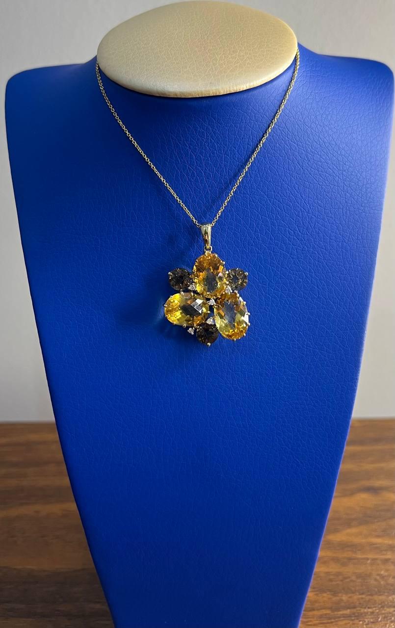 Orange Amber Citrines & Brown Smoky Quartz Yellow Gold Cluster Pendant Necklace