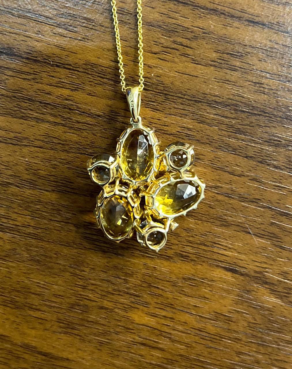 Orange Amber Citrines & Brown Smoky Quartz Yellow Gold Cluster Pendant Necklace