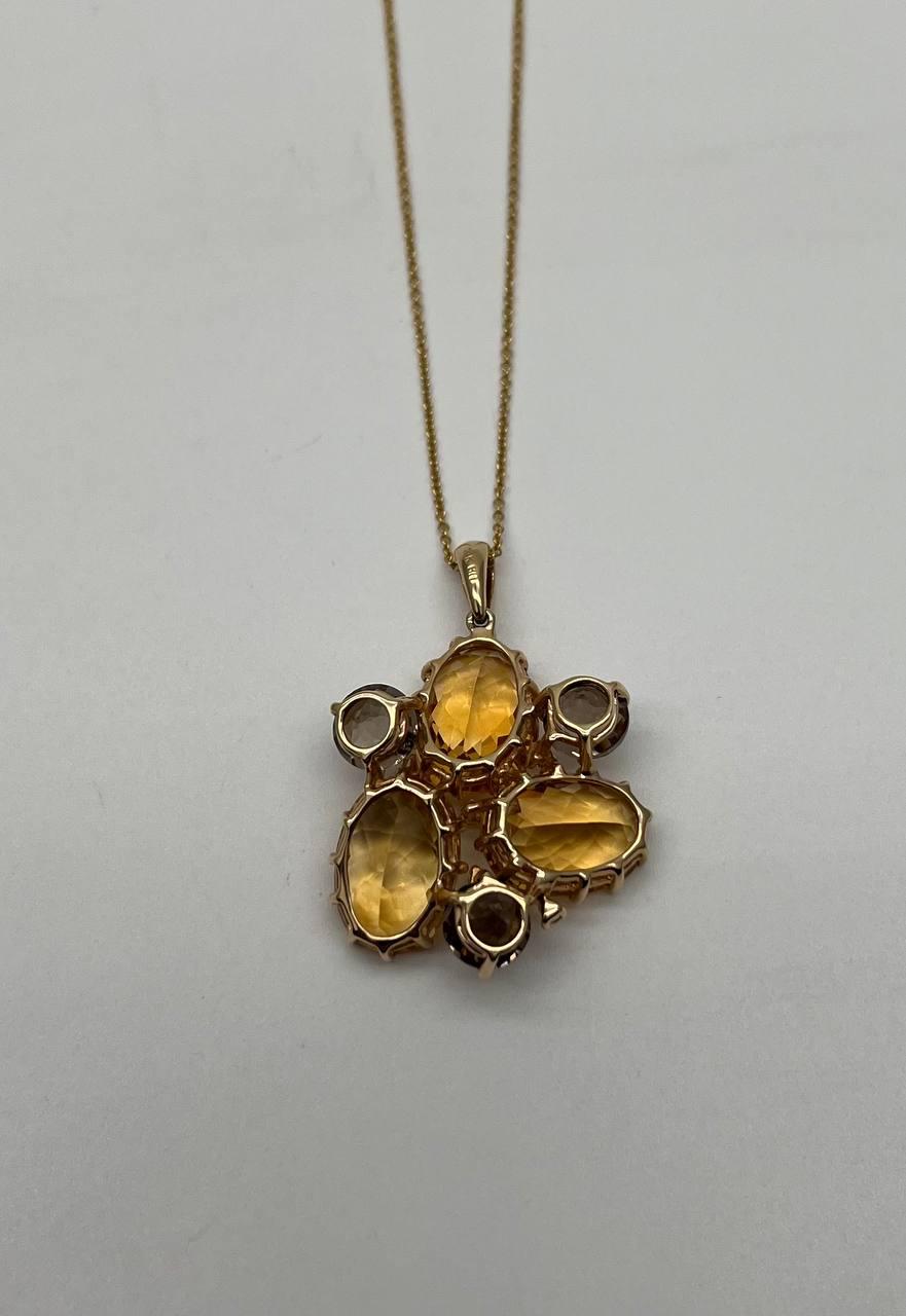 Orange Amber Citrines & Brown Smoky Quartz Yellow Gold Cluster Pendant Necklace