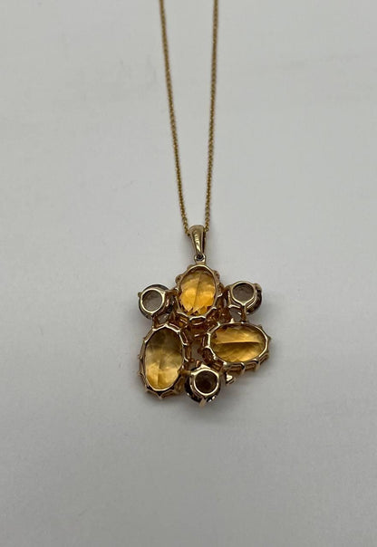 Orange Amber Citrines & Brown Smoky Quartz Yellow Gold Cluster Pendant Necklace