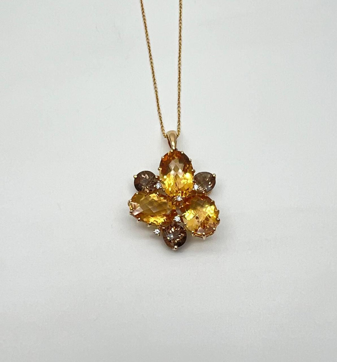 Orange Amber Citrines & Brown Smoky Quartz Yellow Gold Cluster Pendant Necklace