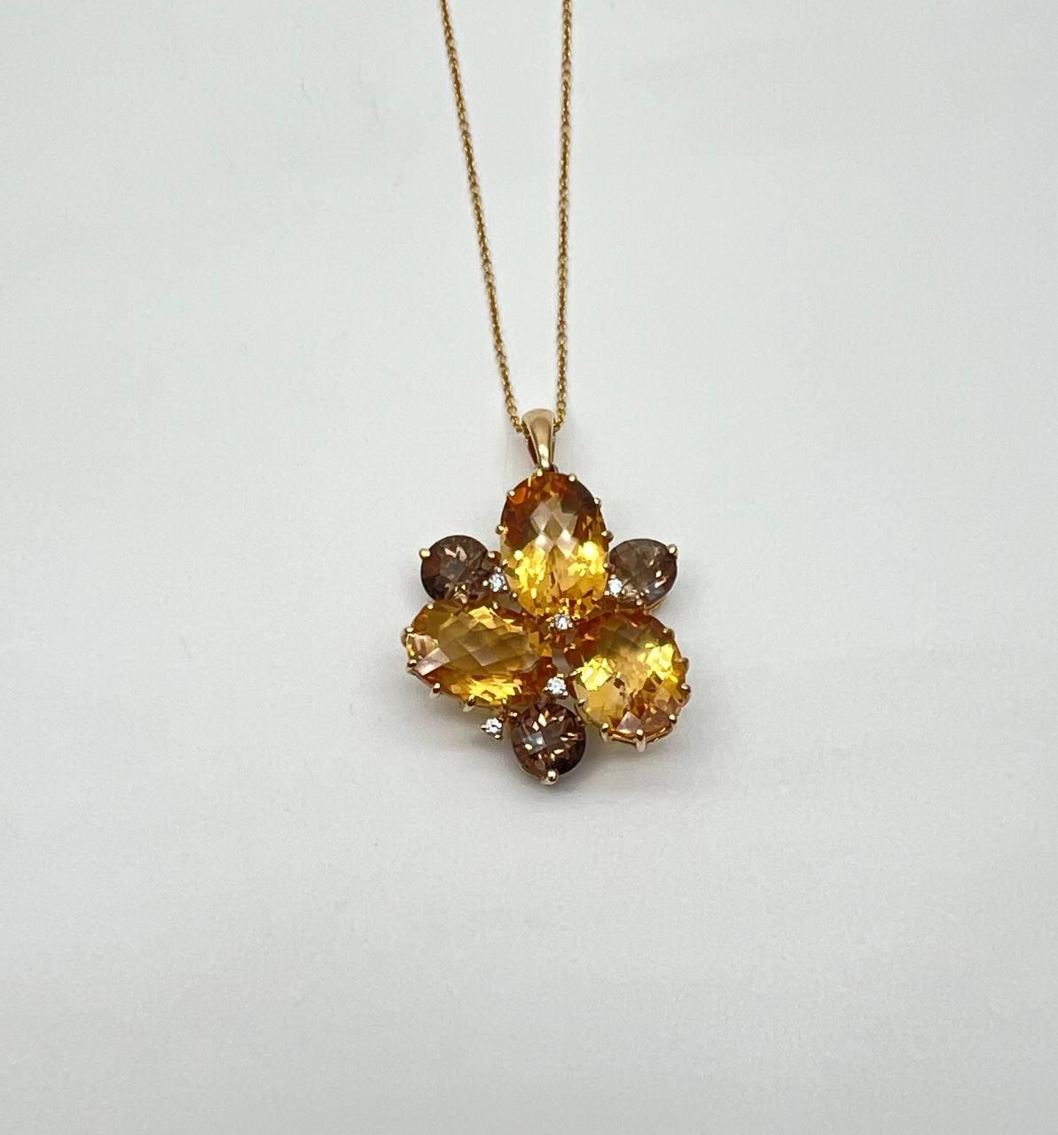 orange amber citrines & brown smoky quartz yellow gold cluster pendant necklace