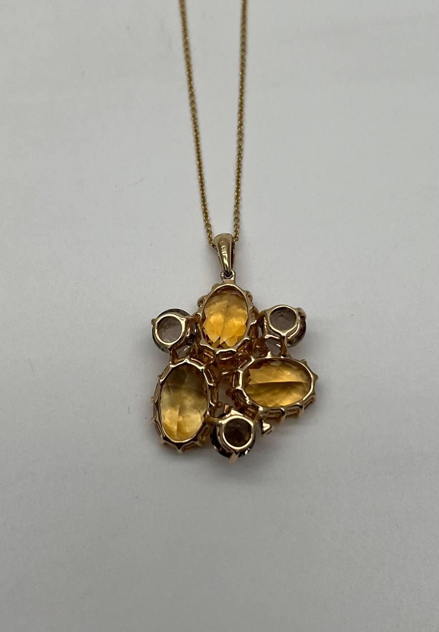 Orange Amber Citrines & Brown Smoky Quartz Yellow Gold Cluster Pendant Necklace