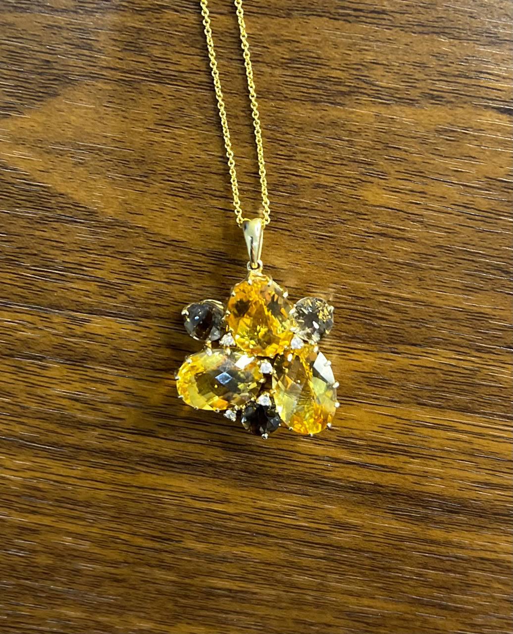 Orange Amber Citrines & Brown Smoky Quartz Yellow Gold Cluster Pendant Necklace