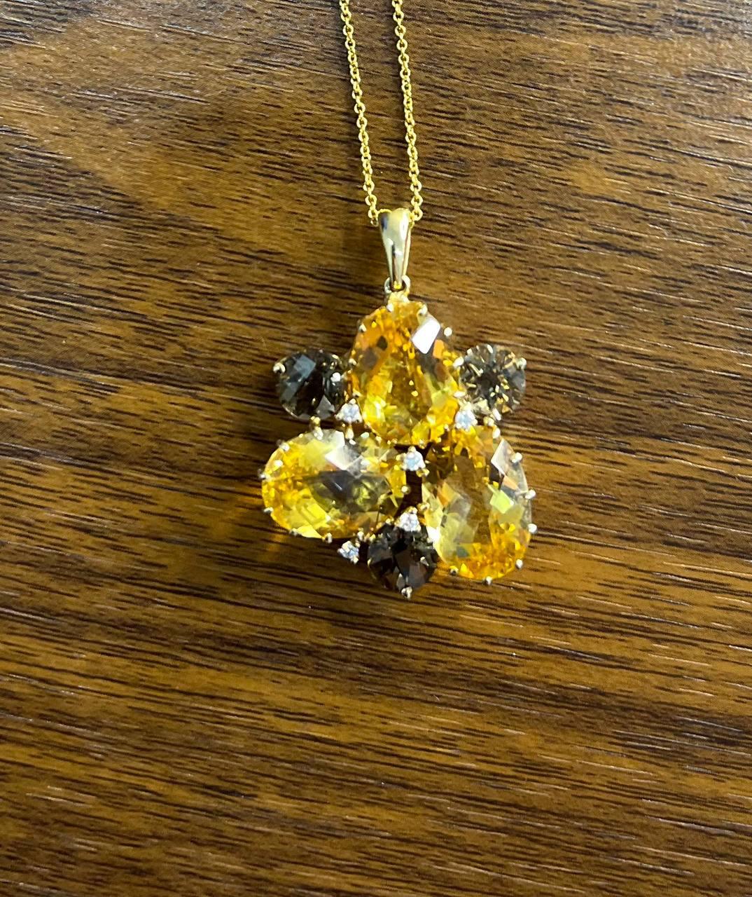 Orange Amber Citrines & Brown Smoky Quartz Yellow Gold Cluster Pendant Necklace