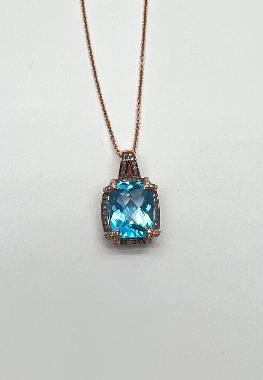 Cushion Shape Swiss Blue Topaz 14K Rose Gold Champagne Halo Pendant Necklace